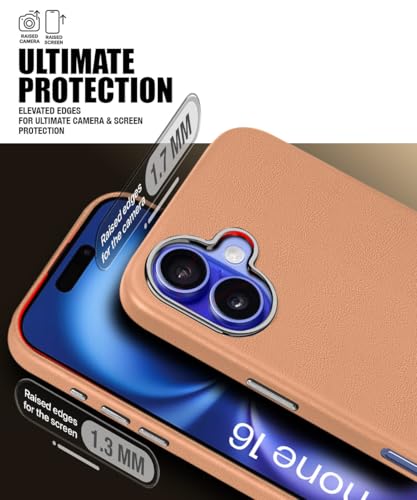 Image of WOW IMAGINE Back Cover for iPhone 16 | Shockproof Tough Leather Texture Hard Mobile Case | Ultra Slim Non-Slip Grip | Inner Velvet Fabric | Metal Camera Ring - Tan Brown