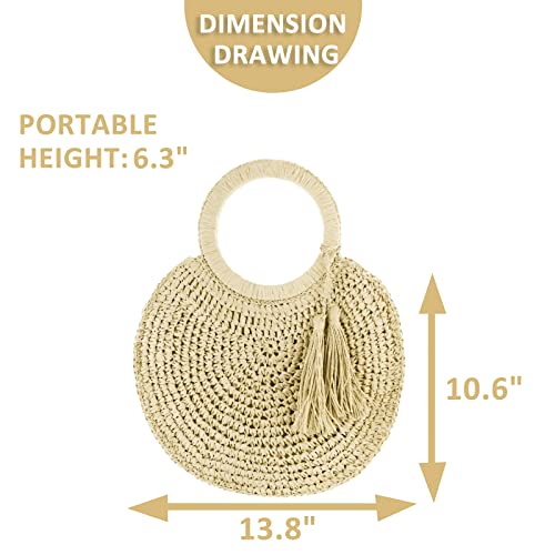 Straw Bag, Tote Bag for Women, Round Hand-Woven Bag Beach Bag with Tassel Pendant, Summer Handbag Suitable for Vacation, Daily Matching, Travel Bag (Beige)2