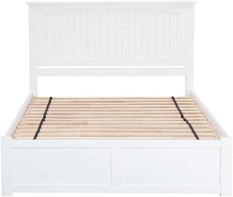BOWERY HILL Farmhouse Solid Wood King Platform Bed, White Finish, 2 Storage Drawers, USB Charger, Cottage Design, Durable Slat Support, Bedroom Furniture