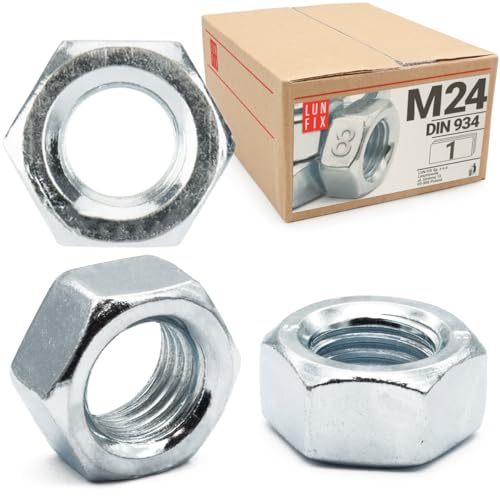 Lun Fix Tuerca hexagonal M24 | DIN 934 | 1 pieza | resistencia 8 | acero galvanizado, rosca de regulación tuercas para tornillos, tuerca métrica para pernos roscados, tuercas hexagonales para barras