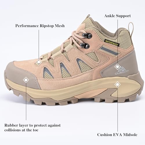 Queday Mens Womens Leather Waterproof Hiking Boots Lightweight Outdoor Walking Shoes Breathable Suede Hike Trekking Trails Camping Climbing - Image 3