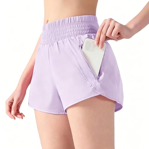 ZERAOKE Women's 2-in-1 Running Shorts High Waist Quick Dry Athletic Workout Shorts with Pocket Built-in Liner for Gym Sports-Purple-L