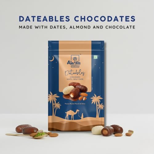 Image of Aladdin Dates Dateables Assorted Chocodates 250g | Milk, Dark & White Chocolate Coated Dates | Filled with Crunchy Roasted Almonds | Dry Fruit Chocolate Pack