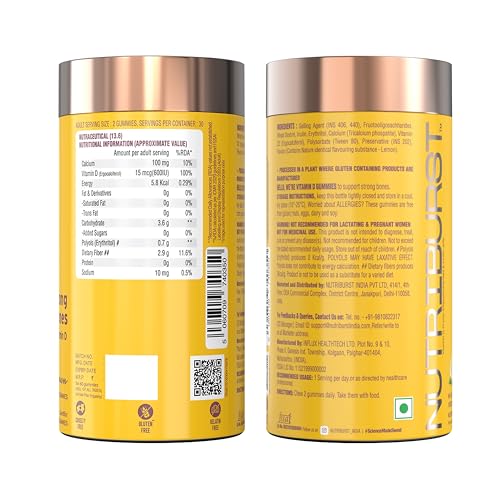 Nutriburst Supports Strong Bones Gummies with Calcium & Vitamin D to Boosts Immunity | No-AddedSugar | Lemon Flavor | 100% Vegetarian | 60 Gummy