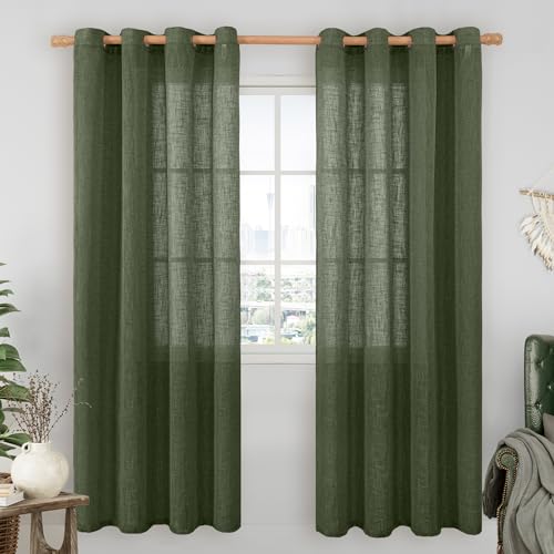 Image of LAMIT Linen Sheer Curtains 80 inch for Living Room, Soft Thick Light Filtering Boho Window Textured Neutral Drapes with Bronze Grommet for Bedroom /Farmhouse, 2 Panels, 52 x 80 Inch, Olive Green
