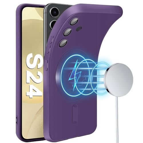 Slim Case for Samsung Galaxy S24 5G, [Camera Lens Protector][Mag-Safe] Thin Metal Matte Silicone Soft Rubber Galaxy S24 Phone Case, Magnetic Wireless Charging Cover for Samsung S24 5G (Purple)