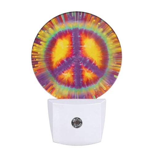 Image of Peace Sign Tie Dye Night Lights Plug into Wall Yellow Colorful Circle Plug-in Nightlight Auto on /Off Dim Light Sleep Friendly for Home Decor & Holiday Gifts for Family Friends