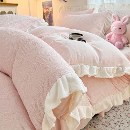 Mesnt Juego de ropa de cama de 3 piezas, diseño de ramas de flores individuales con ribete de volantes, con sábana y 1 funda de almohada, poliéster, rosa, estilo 16, 1,2 m-150 x 200 cm