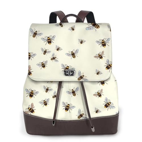 TREJUKY Bees Pattern Backpack Purse for Women Leather Fashion Cute Small Backpacks Lightweight Casual Travel Hiking Ladies Laptop Rucksack Daypacks Shoulder Bag