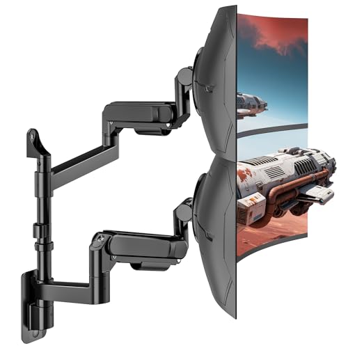 ARES WING 24-57 Monitor Wandhalterung-für Bildschirm bis 27 kg/Arm Gasfeder Monitor Halterung Wand Höhenverstellbar Neigbar Schwenkbar VESA 75/100 Monitor Halterung 2 Monitore für Büro&Gaming Schwarz