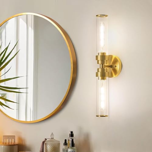 Image of Modern Bathroom Light Fixtures 2 Lights Above Mirror Gold Vanity Light 20 Inch Clear Glass Wall Sconce for Living Room, Bedroom, Bathroom, Kitchen and Hallway