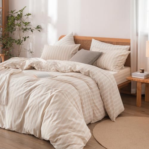 Image of BESTOUCH Striped Cotton Duvet Cover Set Linen Feel Alaska King | 100% Washed Cotton, Soft Wrinkle Texture, Hidden Zipper, 8 Ties, Breathable Lightweight Durable Comfy, 3 Pcs No Insert