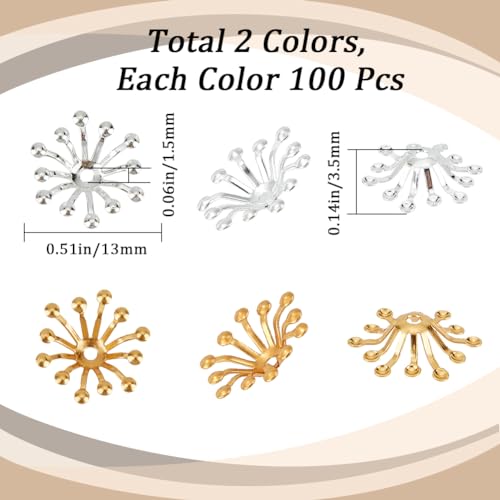 SUNNYCLUE 1 Box 200Pcs Bead End Caps Flower Stamen Filigree Beads End Caps 3D Golden Silver Brass Flower Spacer End Cap Metal Multi-Petal Bead Caps for jewellery Making DIY Earrings Necklace Supplies - Image 2