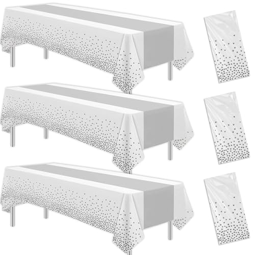 Image of White and Silver Party Decorations Tablecloth, 3 Pack Disposable White Table Cover Printed Silver Table Runner for Birthday Baby Bridal Shower Wedding Anniversary Graduation, 86in x 55in