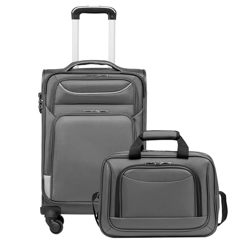 COOLIFE Koffer Trolley Koffer Reisekoffer von 4 Rollen Stoffkoffer Handgepäck TSA-Schloss Der Koffer Enthält 1 Große Umhängetasche (Handgepäck-Set 2tlg, Grau)