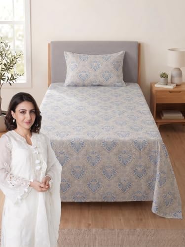 Image of Mafatlal 144 TC Fern Single Bedsheet 90 x 60 Inch | Stylish Bed Cover with Printed Pattern | Comfortable Soft Fabric | Everyday Bedroom Bedding | Easy Care Home Linen|Warm Gray
