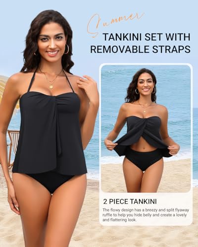 Image of Tempt Me Two Piece Tankini Bathing Suits for Women Halter Bandeau Swim Top with Bottom Flyaway Tummy Control Swimsuit