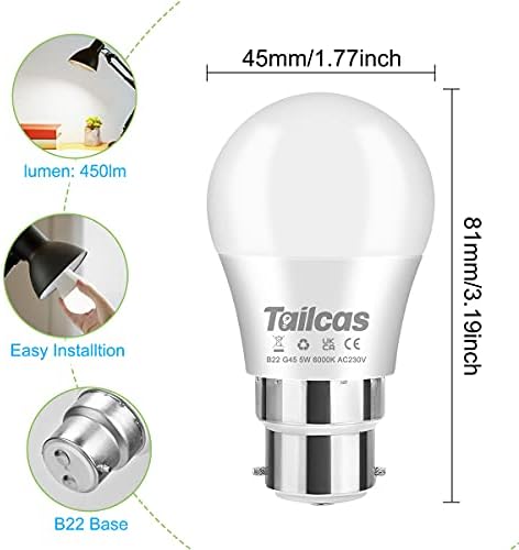 Bayonet Light Bulb, 5W 6000K Cool White (Equivalent to 40W /50W), B22 (G45) Led Bulbs for Chandelier Bedroom Living Room, Non-dimmable, 6-Pack