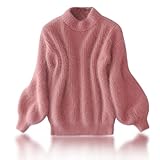 Lady Winter Angora Cashmere Blend Loose Warm Sweater Loose Solid Color Crewneck Knit Pullover Sweater (Pink,L)