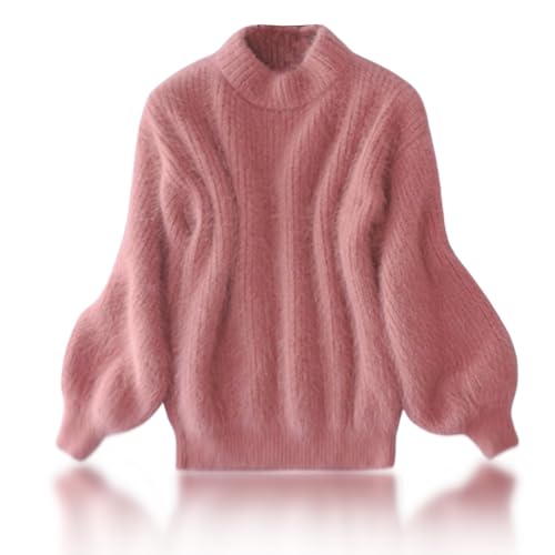 Lady Winter Angora Cashmere Blend Loose Warm Sweater Loose Solid Color Crewneck Knit Pullover Sweater (Pink,XL)