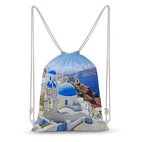 Santorini Greece Travel Drawstring Backpack Canvas Sport Daypack Casual String Bag for Women and Men