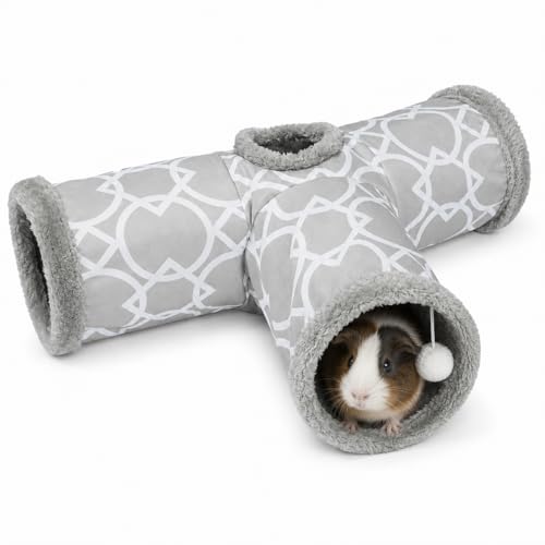 LUCKITTY Plush Inside 3-Way Shape Small Animals Tube Tunnel with Interactive Ball for Guinea Pig, Hamster, Chinchilla, Hedgehog Hiding and Resting, Geometric Grey