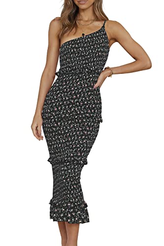 Image of PRETTYGARDEN Women's Summer Midi Bodycon Dresses One Shoulder Strappy Tiered Ruffle Floral Boho Sun Dress