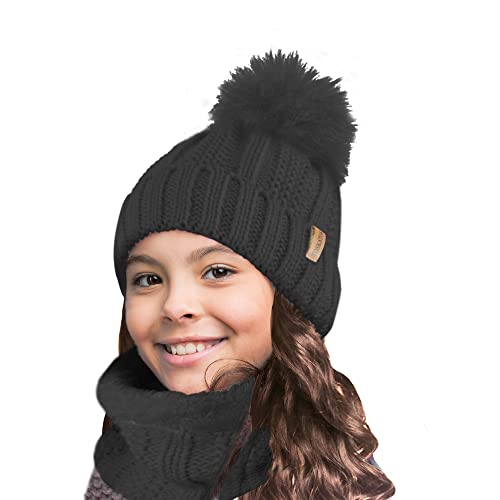 TOSKATOK Niños Niñas Invierno Rib Seed Stitch Térmico Cálido Acogedor Forro Polar Calentador De Cuello Snood Bufanda Con Conjunto De Gorro Cover
