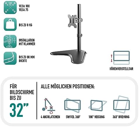 Ewent Monitor Halterung 13-32 Zoll VESA 75/100 - Einzelständer mit 360° Drehung, 45° Neigung & Schwenkung, 8kg Tragkraft