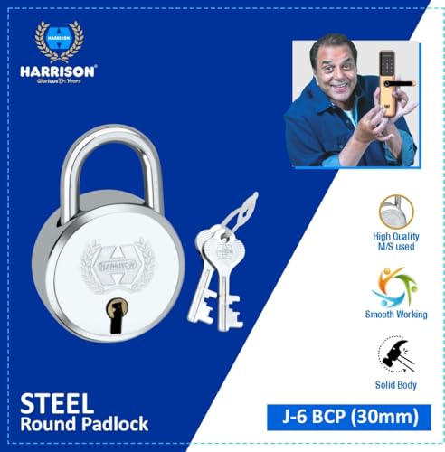 Image of Harrison Padlocks 0307 Round Luggage Padlock 30mm J-6-30MM with 8 Common Keys /Mild Steel Material /Bright Chrome Plated Finish /Luggage, Suitcase, Box, Bag