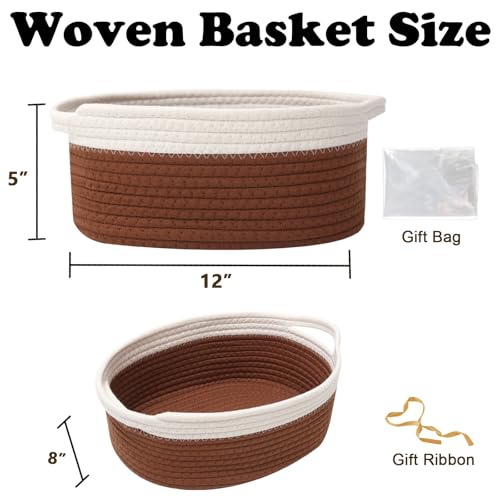 Image of Woven Rope Basket - Baby Gift Basket with Bag & Ribbon, White&Brown