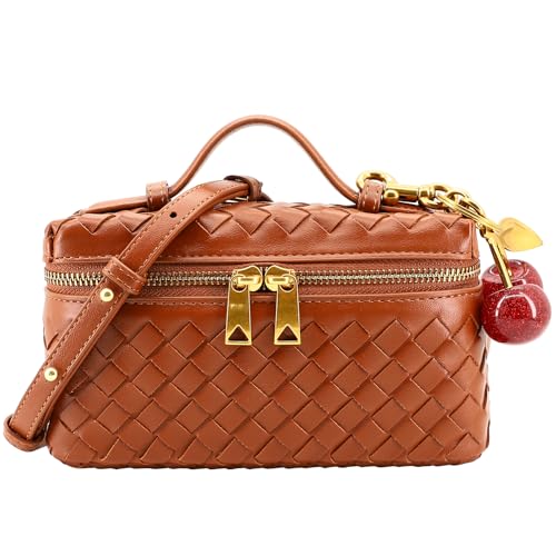 Image of Small Woven Box Crossbody Bags for Women Designer Leather Mini Top Handle Clutch Purse Square Vanity Bag with Cherry Charm