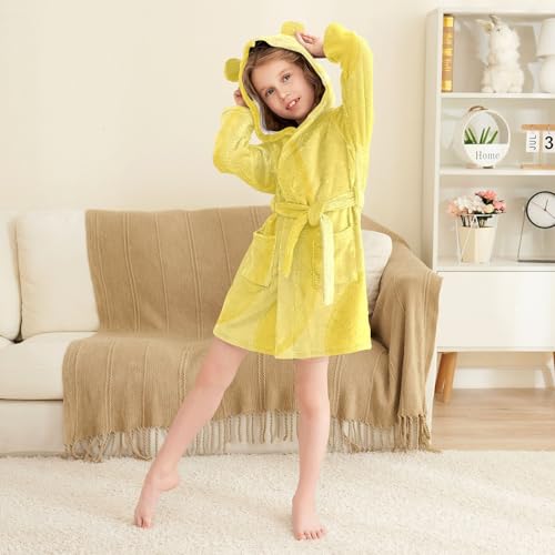 Kids Bath Robes Girls Light Yellow Pattern Hooded Pajamas4