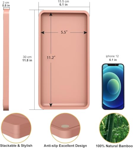 Image of Bathroom Vanity Tray for Countertop - Bamboo Organizer Tray for Dresser Tops, Toilet, Perfume Small Decorative Tray Wood Tray for Home Decoration 11.81 inch L x 6.1 inch W x 0.79 inch H (Pink)