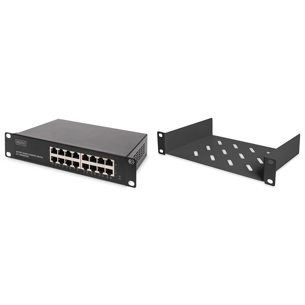DIGITUS Gigabit Ethernet Netzwerk-Switch - 10 Zoll - 16 Ports & Fachboden - 1HE - 10-Zoll (254 mm) - Für Netzwerk-Schrank - 150 mm Tief - Perforiertes Stahl-Blech - Schwarz