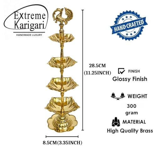 Image of Handcrafted Double Brass Diya with Peacock Design | Traditional Brass Oil Lamp for Puja, Temple & Home Decoration | Antique Finish Deepak for Festivals (Quadruple)
