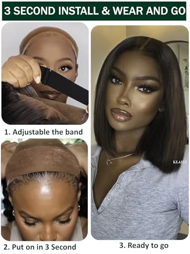 Image of KLAIYI Ombre Brown Yaki Straight Bob Wig Human Hair Glueless 13x4 Precut HD Lace Front Wigs Drawstring Bye Bye Knots Pre Plucked Bleached Pre Everything Wear and Go Wig with Dark Roots Chestnut 14Inch