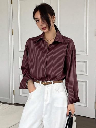 Image of GRECIILOOKS Striped Shirt for Women | Korean Style Full Sleeve Oversized Button Down Shirts | Tops for Women | Shirt for Woman | Plus Size Top for Office & Casual Outfit