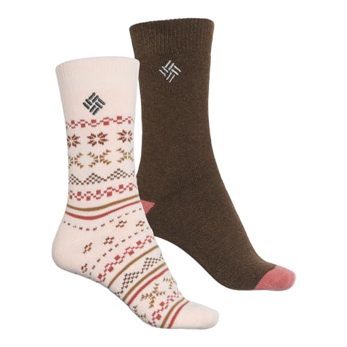 Columbia Women's Midweight Thermal Crew Socks 2 Pair (US, Alpha, One Size, Regular, Regular, Peach/Brown Print)
