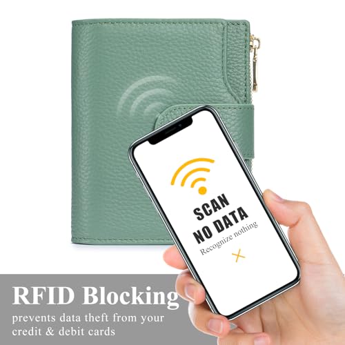 Image of Genuine Leather Wallets for Women RFID Blocking Bifold with Zipper Pocket, 2 ID Windows, 18 Card Slots, Green
