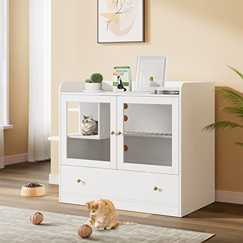 DAWNSPACES Extra Large Cat Litter Box Enclosure Furniture Hidden, Cat Condo Cabinet Pet House with Stairs for 2, Nightstand Side Table with a Drawer for Living Room, White
