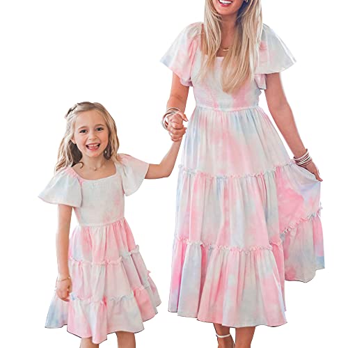 Mommy and Me Matching Dresses Sleeve Doll Dress Maxi Summer High Waist Casual Family Matching Outfits Set