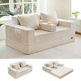 MAXYOYO Loveseat Sofa Bed, 64' Foldable Floor Sofa Couch in A Box with 2 Cup Holders, 4 in 1 Convertible Boneless Couch Folding Recliner Sleeper Chair for Living Room, No Assembly Required, Beige