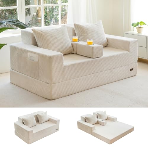 MAXYOYO Loveseat Sofa Bed, 64" Foldable Floor Sofa Couch in A Box with 2 Cup Holders, 4 in 1 Convertible Boneless Couch Folding Recliner Sleeper Chair for Living Room, No Assembly Required, Beige MAXYOYO Loveseat Sofa Bed, 64" Foldable Floor Sofa Couch in A Box with 2 Cup Holders, 4 in 1 Convertible Boneless Couch Folding Recliner Sleeper Chair for Living Room, No Assembly Required, Beige