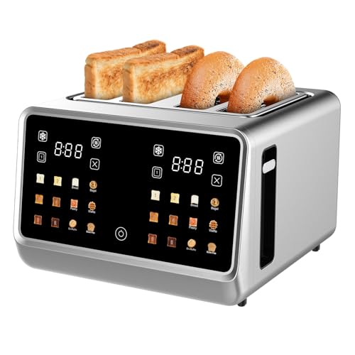 4 Slice Touch Screen Toaster with LCD Display Stainless Steel Digital Toasters 6 Bread Types& 6 Shade Settings Smart Extra Wide Slots Toaster With Bagel Cancel Defrost Reheat Functions