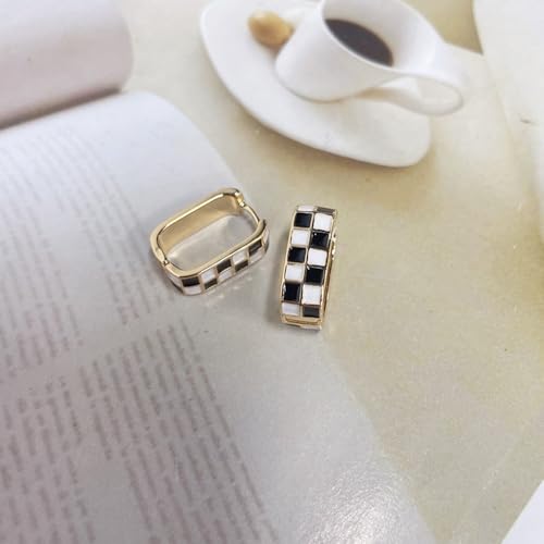 Fashion Checker Chunky Oval Hoop Earrings for Women Dainty 925 Sterling Silver Post 14K Gold Plated Huggie Hoops White Black Green Enamel Minimalist Hooped Hypoallergenic Jewelry3