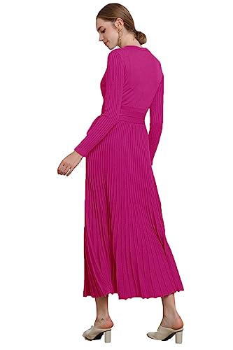 Image of Women's Long Knit Crewneck Sweater Dress Tie Waist A-Line Swing Pleated Bodycon