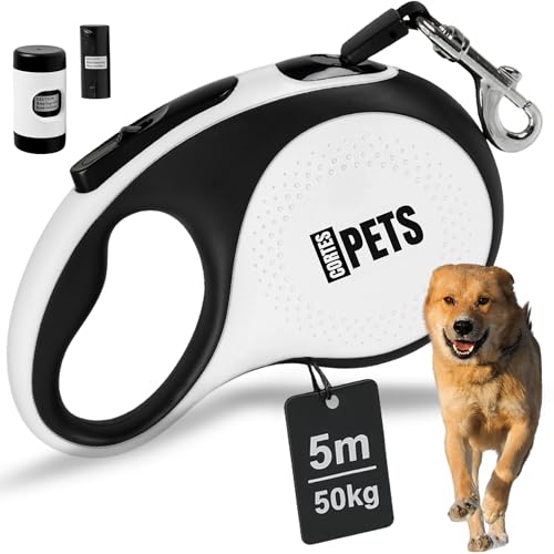 CORTESPETS® Guinzaglio per cani allungabile Retrattile 5m, con sacchetto per escrementi per can i fino a 50 kg, ideale per cani di taglia grande, media e piccola. Bianco