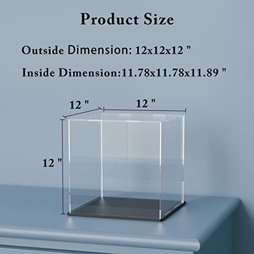 CRMPro Clear Acrylic Display Case with Matt Black Base and Lid, Dust-Proof Acrylic Showcase, Cube Counter-Tops Box for Large Collectibles (12x12x12 inch)