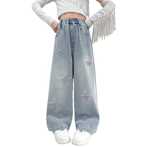 Star Jeans for Girls Baggy Embroidered Wide Leg Denim Pants Kids Casual Elastic Waist Trousers Y2k Streetwear Pockets